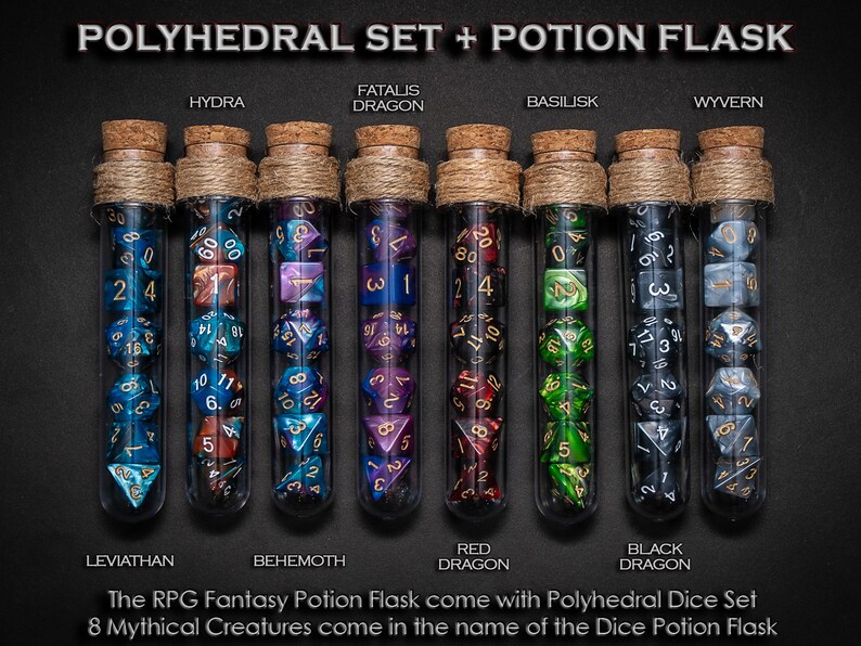 Polyhedral Dice Set of 7 with RPG Fantasy Potion Flask | Dungeons and Dragons Dice | DnD Dice Set | D&D Dice 