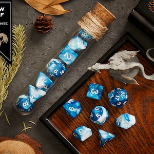 Polyhedral Dice Set of 7 with RPG Fantasy Potion Flask- D&D DnD TRPG MTG SNOW WOLF