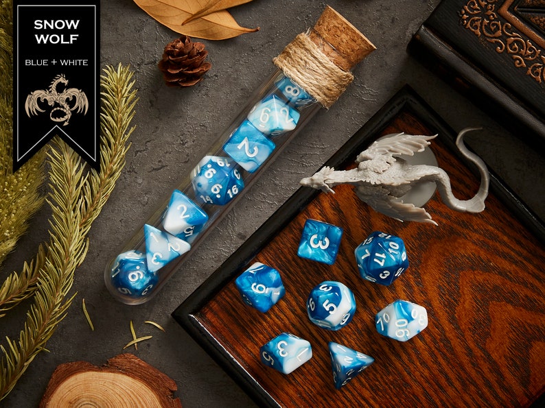 Polyhedral Dice Set of 7 with RPG Fantasy Potion Flask- D&D DnD TRPG MTG SNOW WOLF