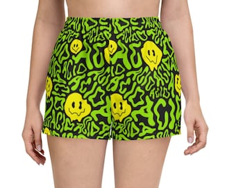 Recycled Rave Shorts, Acid Smilez Print, Women's Athletic Shorts