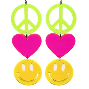 Peace Love Happiness Charm Earrings, Rave Jewelry, UV Reactive image 1