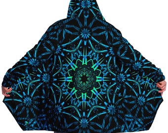 Fractals Hooded Cloak | Blue Green Rave Festival Micro-Fleece Jacket