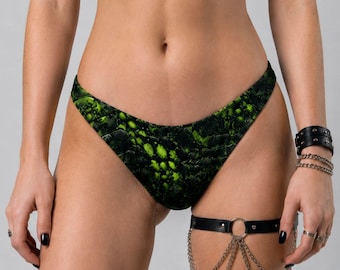 Ravage Bikinihose mit V-Ausschnitt | Rave-Outfit für Damen, Rave-Hose, Lost-Lands-Outfit, grüne und schwarze Bikinihose