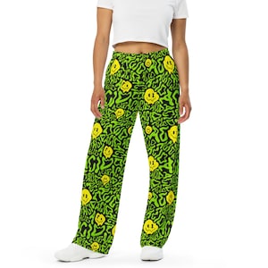 Acid Smilez Wide Leg Pants | rave pants, rave outfit, wide leg rave pants, plus size pants, unisex rave pants.