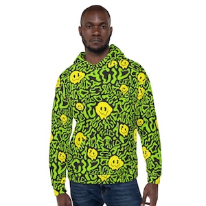 May include: A green and black hoodie with a repeating pattern of yellow smiley faces and green swirls. The text "Acid" is repeated throughout the pattern.