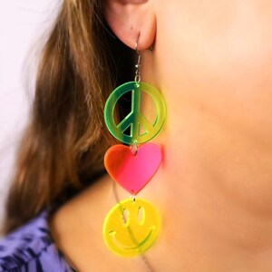 Peace Love Happiness Charm Earrings, Rave Jewelry, UV Reactive image 5