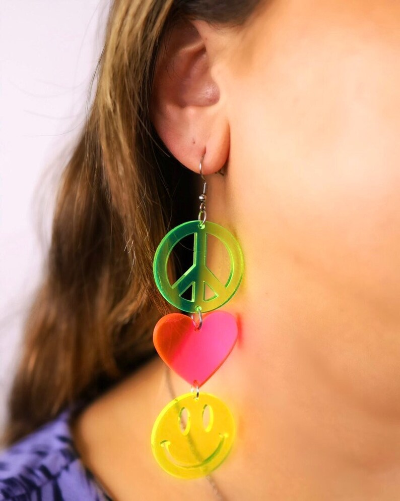 Peace Love Happiness Charm Earrings, Rave Jewelry, UV Reactive image 5