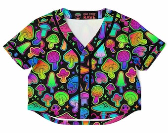 May include: A black baseball jersey with a rainbow mushroom pattern. The jersey has a button-up front and short sleeves. The text "ONE STOP RAVE" is printed on the collar.