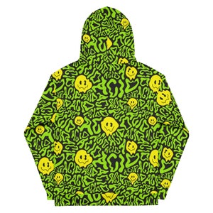May include: Black hoodie with a green and yellow psychedelic pattern featuring smiling faces and the word "ACID FACE" repeated throughout.