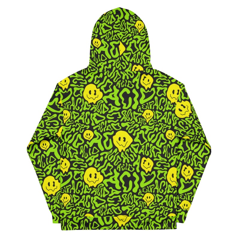 May include: Black hoodie with a green and yellow psychedelic pattern featuring smiling faces and the word "ACID FACE" repeated throughout.