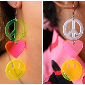 Peace Love Happiness Charm Earrings, Rave Jewelry, UV Reactive image 4