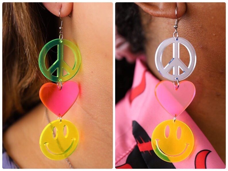 Peace Love Happiness Charm Earrings, Rave Jewelry, UV Reactive image 4