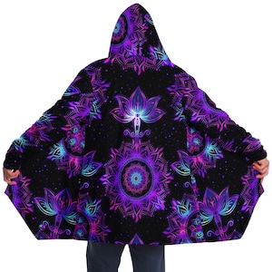 Cape du festival Starlight Mandala | Cape à capuche - Cape Rave - Veste de festival - Cape en micropolaire - Cape géométrique