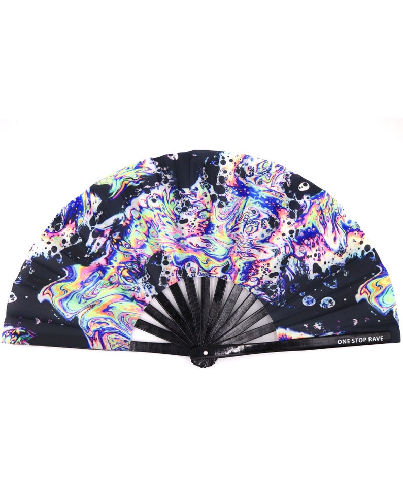 May include: A black hand fan with a vibrant, swirling pattern in shades of blue, purple, yellow, and pink. The fan's design includes black splatters and the text "ONE STOP RAVE" on the handle.