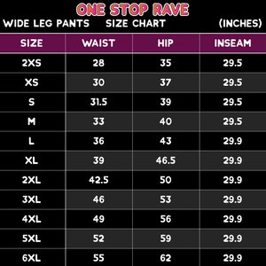May include: Size chart for wide leg trousers in inches. The chart shows sizes from 2XS to 6XL with corresponding waist, hip, and inseam measurements.
