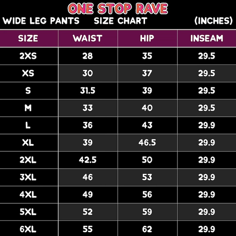 May include: Size chart for wide leg trousers in inches. The chart shows sizes from 2XS to 6XL with corresponding waist, hip, and inseam measurements.