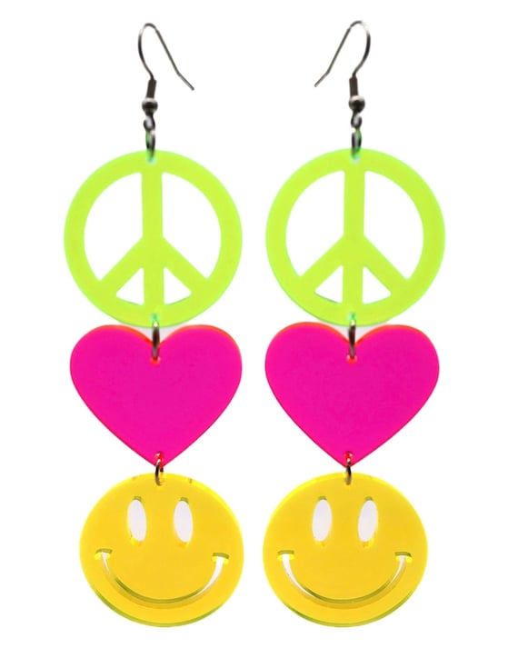Peace Love Happiness Charm Earrings, Rave Jewelry, UV Reactive