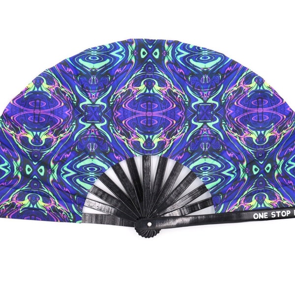 Acid Melt Hand Fan  | Rave Hand Fan - Festival Hand Fan - Rave Fan - Festival Fan - Large Hand Fan - Blue & Green Hand Fan