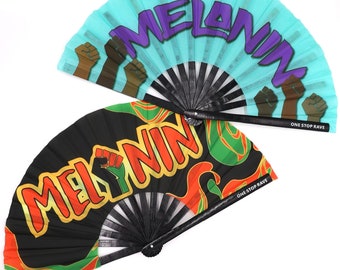 Melanin Ravers Hand Fan / Festival Hand Fan - Rave Hand Fan - Ventilador de mano grande - Ventilador de mano de bambú