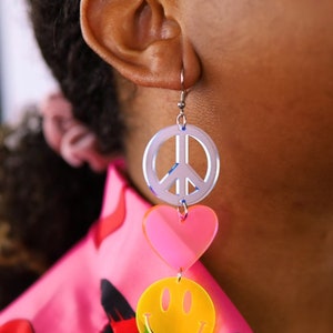 Peace Love Happiness Charm Earrings, Rave Jewelry, UV Reactive image 6
