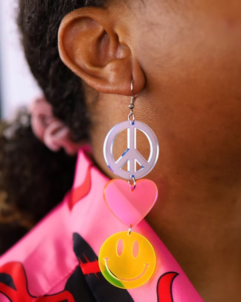 Peace Love Happiness Charm Earrings, Rave Jewelry, UV Reactive image 6