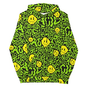 May include: A black hoodie with a green and yellow psychedelic pattern. The pattern features melting smiley faces and the word "acid" repeated throughout.