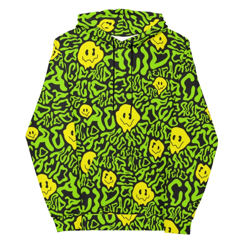 May include: A black hoodie with a green and yellow psychedelic pattern. The pattern features melting smiley faces and the word "acid" repeated throughout.