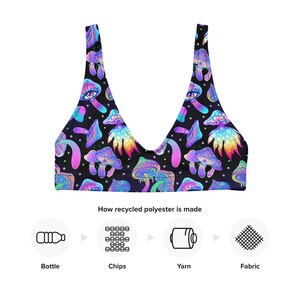 May include: A black bikini top with a vibrant, psychedelic mushroom pattern in shades of purple, blue, and green. The top features a V-neck design and is made from recycled polyester. The image also shows the process of how recycled polyester is made.