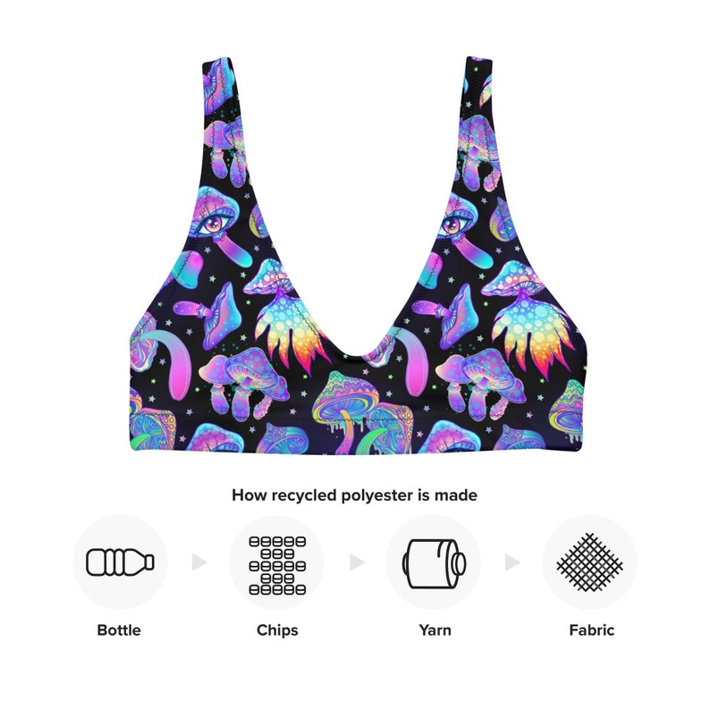 May include: A black bikini top with a vibrant, psychedelic mushroom pattern in shades of purple, blue, and green. The top features a V-neck design and is made from recycled polyester. The image also shows the process of how recycled polyester is made.