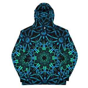 May include: A black hooded sweatshirt with a blue and green geometric pattern. The pattern is a repeating design of stars and points.