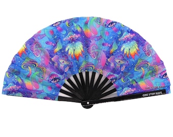 Shroomin Blue Hand Fan  | Rave Hand Fan - Festival Hand Fan - Large Hand Fan - Bamboo Hand Fan