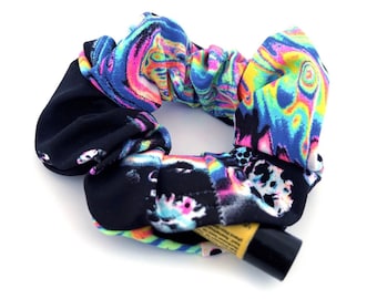 UV Reactive Stash Scrunchie Acid Print | Rave Hair Tie with Hidden Pocket