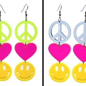Peace Love Happiness Charm Earrings, Rave Jewelry, UV Reactive image 3