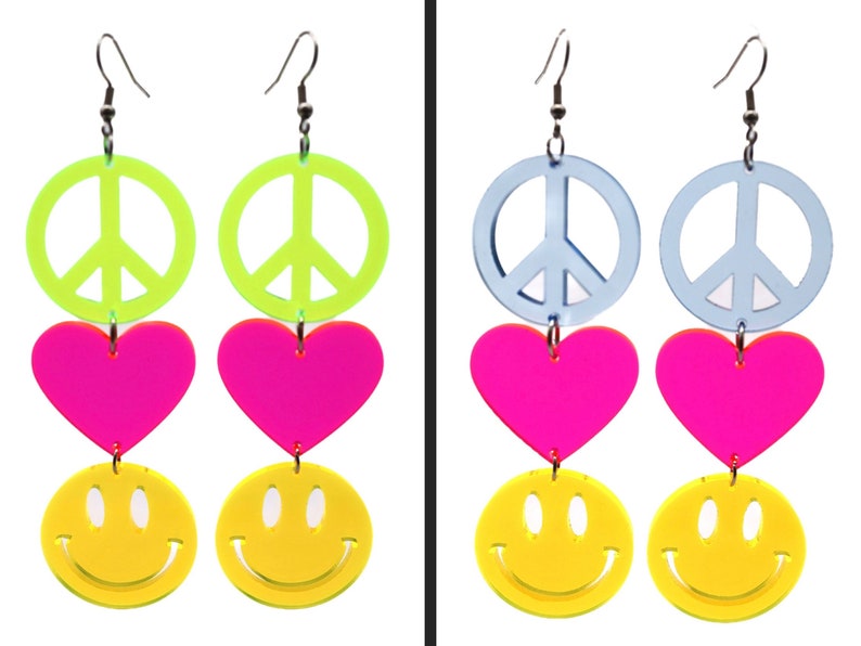 Peace Love Happiness Charm Earrings, Rave Jewelry, UV Reactive image 3