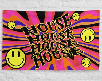 May include: A pink, orange, and purple psychedelic tapestry with the word "HOUSE" repeated four times in black. The tapestry features a swirling pattern and yellow smiley faces.