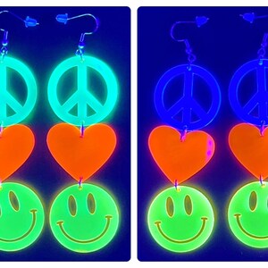 Peace Love Happiness Charm Earrings, Rave Jewelry, UV Reactive image 2