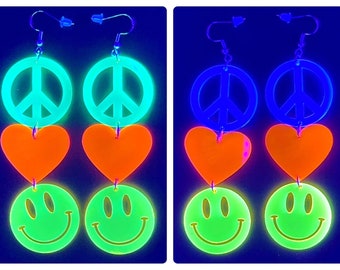 Peace Love & Happiness Ohrringe (Rave Ohrringe, Rave Schmuck, Rave Accessoires, Rave Outfit, Herz, Smile, Peace Zeichen, Hippie, Rave)