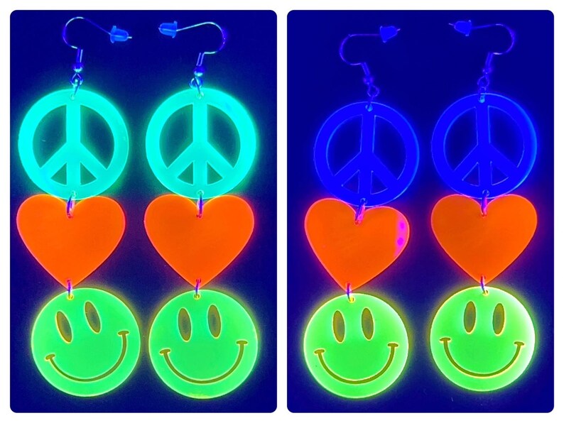 Peace Love Happiness Charm Earrings, Rave Jewelry, UV Reactive image 2