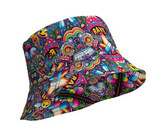 May include: A colorful bucket hat with a psychedelic design. The hat features a vibrant mix of colors and patterns, including mushrooms, smiley faces, and the word "RAVE". The hat is a fun and eye-catching accessory.
