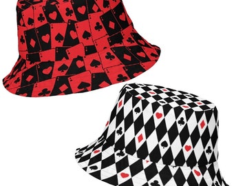 House Of Cards / Q&K Of Hearts Reversible Bucket Hat | Rave Bucket Hat - Festival Bucket Hat - Beyond Wonderland