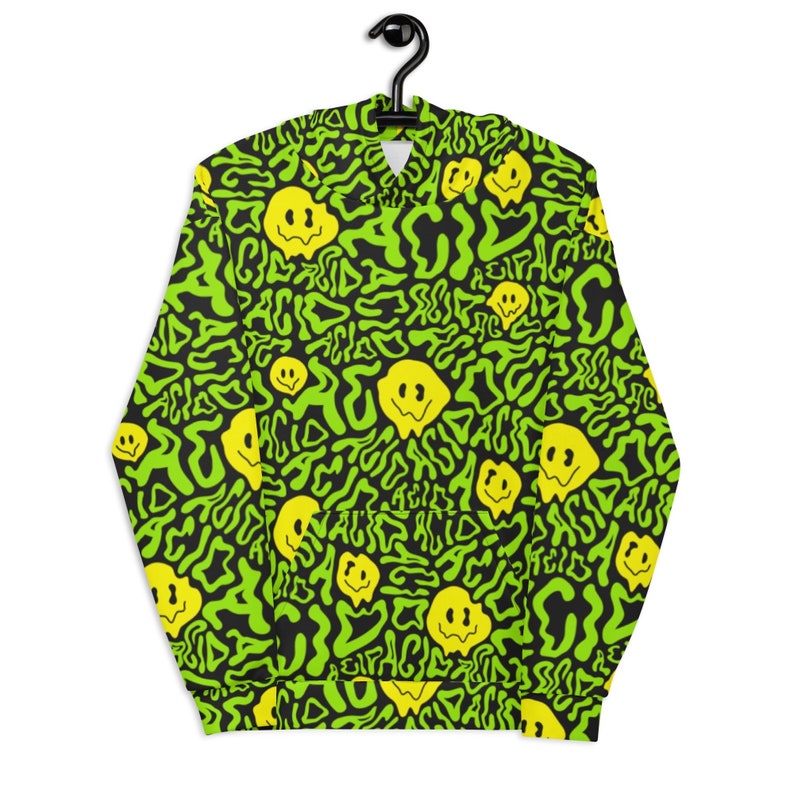 May include: A black and green hoodie with a psychedelic pattern of melting smiley faces and the word "acid" repeated throughout.