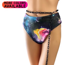 May include: Black high-waisted swimsuit with a galaxy print and a black chain belt. The chain is attached to the belt and hangs down to the thigh.
