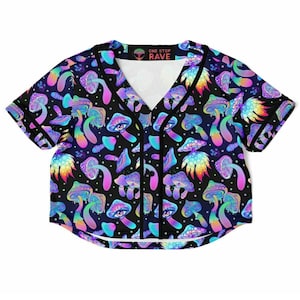 May include: A black baseball jersey with a colorful mushroom and eye print. The text "ONE STOP RAVE" is on the collar.