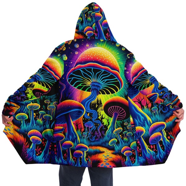 Mushroom Land Festival Cloak | Hooded Cloak - Rave Cloak - Festival Jacket - Micro-Fleece Cloak - Mushroom Cloak