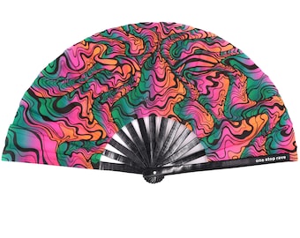 Extraterrestrial Hand Fan | Rave Hand fan -Festival Hand Fan - Red & Orange Hand Fan - Large Bamboo Hand Fan - Mini Hand Fan