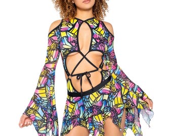 Butterfly Fairy Bodysuit  | women's rave outfit | bell sleeve bodysuit | fairy rave outfit | EDM outfit | EDC outfit | butterfly outfit