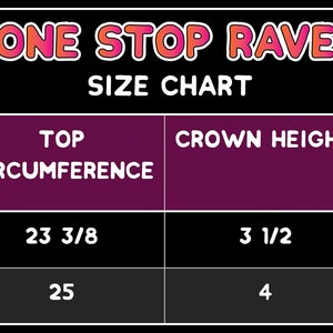 May include: Size chart for bucket hats in inches. The chart shows the size, top circumference, crown height, and brim height. Sizes include S-M, 23 3/8 inches, 3 1/2 inches, 2 3/4 inches and L-XL, 25 inches, 4 inches, 2 3/4 inches.