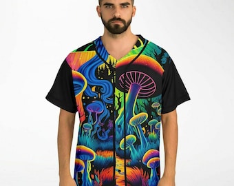 May include: A black baseball jersey with a colorful psychedelic mushroom design. The design features a variety of mushrooms in different colors and sizes, including red, orange, yellow, green, blue, and purple. The mushrooms are set against a dark background with a swirling pattern.
