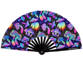 May include: A black folding fan with a psychedelic design featuring colorful mushrooms and stars on a black background. The fan has a black handle with the text "ONE STOP RAVE" printed on it.