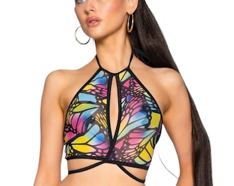 Butterfly Mesh Wrap Halter Top | womens rave outfit | rave top | fairycore crop top | colorful rave outfit | edm crop top | festival outfit